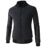 Men Charcoal Slim Fit Fashion Casual Patched Jacket with Synthetic Leather Sleeves